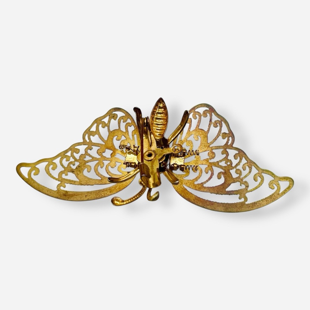 Vintage Butterfly Trembler Gold Tone Brooch Pin Spring Moving - Picture 4 of 7